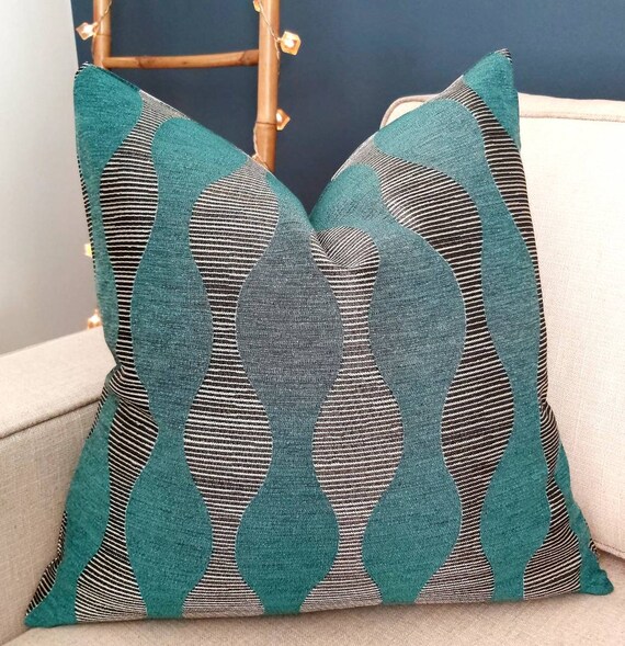 Teal Midcentury Pillow Cover Abstract Teal Gray Pillow Retro Etsy