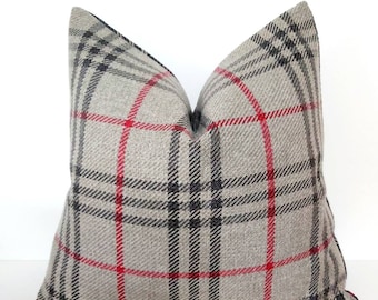 Christmas Pillow Cover Gray Plaid Pillow Cover Gray Red Scottish Pillow Gray Windowpane Pillow Scottish Christmas Cushion Euro Sham Pillow