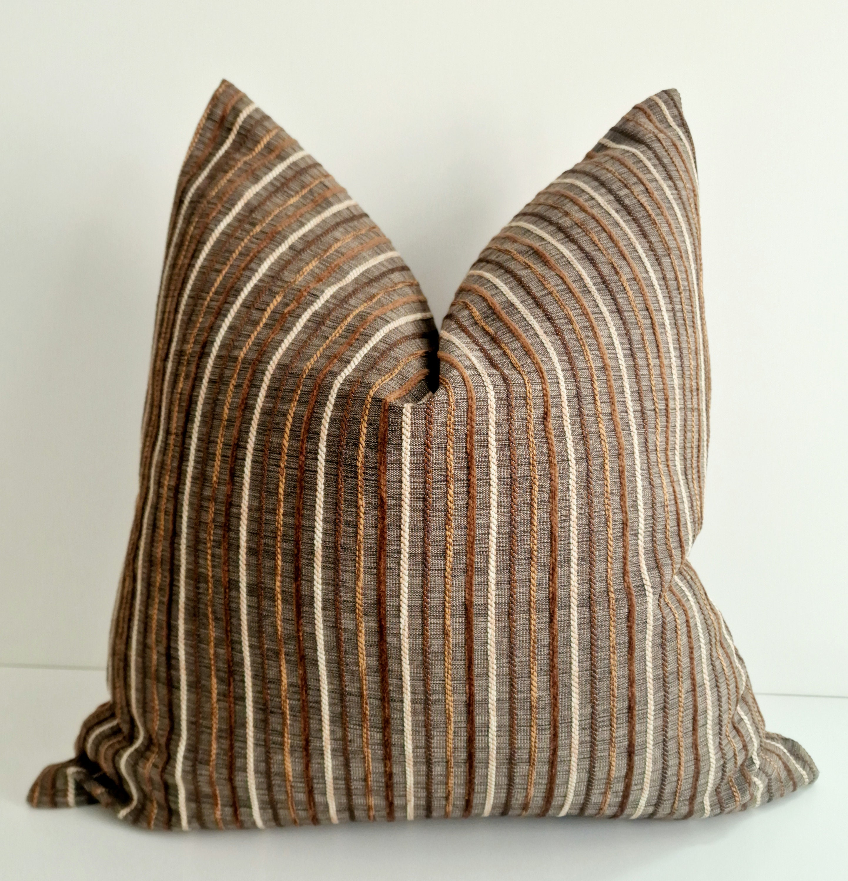 Tan Brown Striped Pillow Cover, Tan Ticking Pillow, Modern Farmhouse Pillow, Brown Cream Euro sham Pillow, Tan Textured Cushion, All Sizes