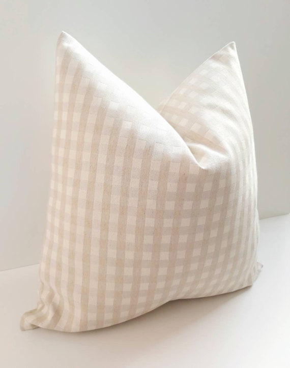 Beige Gingham Pillow Cover: Farmhouse Plaid Cotton Blend Cushion