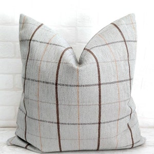 Gray Plaid Pillow Cover Modern Farmhouse Pillow Gray Brown Plaid Pillow Cover Gray Camel Windowpane Cushion Euro Sham Gray Windowpane Pillow