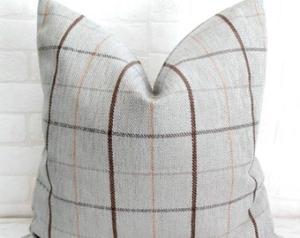 Federa per cuscino scozzese grigio, cuscino moderno da fattoria, federa per cuscino scozzese grigio-marrone, cuscino a quadri grigio cammello, federa europea, cuscino a quadri grigio
