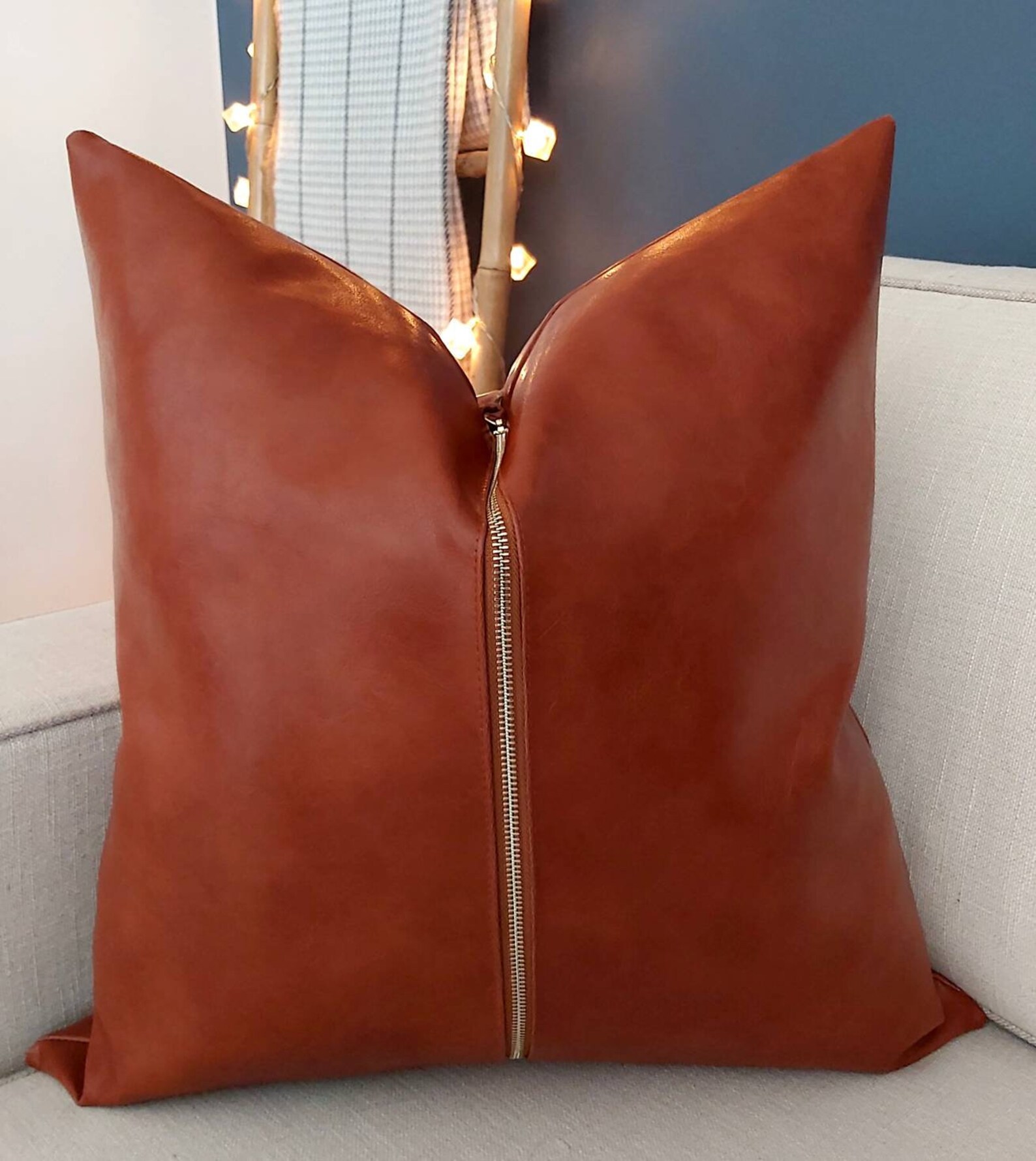 Cognac Brown Faux Leather Pillow Cover Modern Faux Leather Etsy