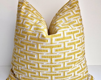 Greek Key Pillow Midcentury Pillow, Yellow Mustard Pillow, Retro Cushion, Contemporary Pillow, 90&#39;s Home Decor, Chartreuse Geometric Cushion