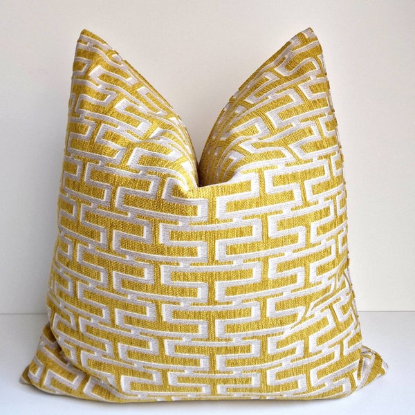 Greek Key Pillow Midcentury Pillow, Yellow Mustard Pillow, Retro Cushion, Contemporary Pillow, 90's Home Decor, Chartreuse Geometric Cushion