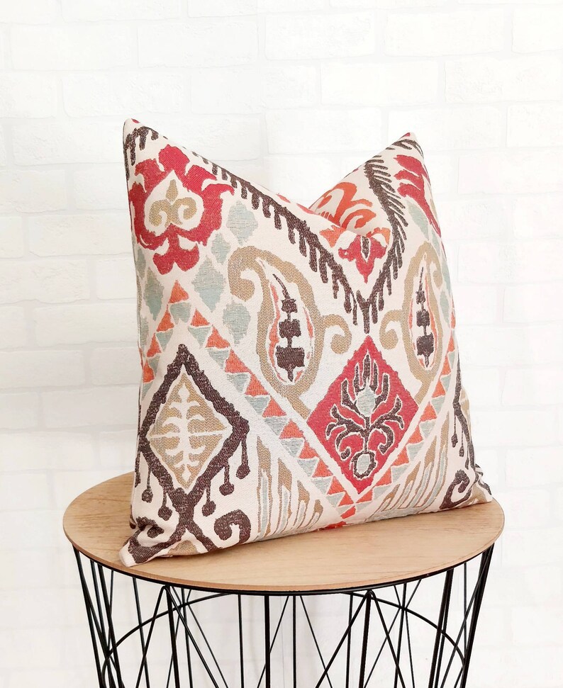 Burnt orange boho ikat pillow cover mint brown beige woven Etsy