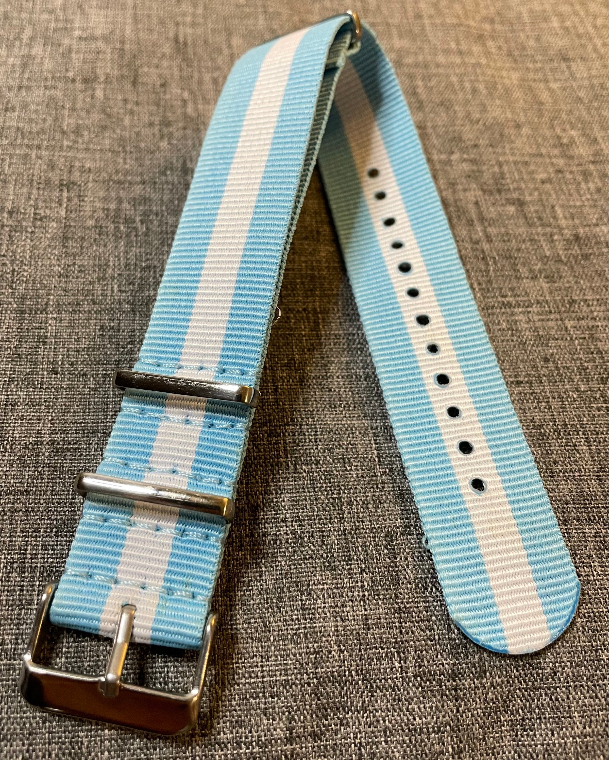 Basic Nylon Military Loop Watch Strap / Sky Blue White Stripe 20mm/22mm ...