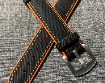 2e génération / Bracelet de montre de sport en toile à voile / Coutures orange noires en acier 316 20/22/24 mm