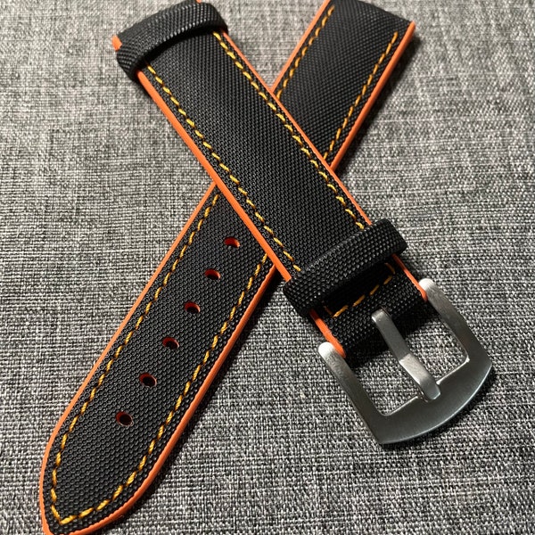 2e génération / Bracelet de montre de sport en toile à voile / Coutures orange noires en acier 316 20/22/24 mm
