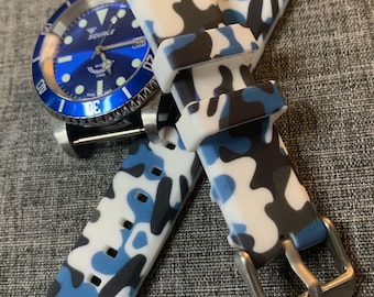 Correa de reloj deportiva de silicona / Camuflaje azul / Acero inoxidable / Nueva 20 mm