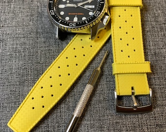 Pulseira de relógio de borracha premium FKM de 2ª geração / amarela / PVD e aço inoxidável / nova à prova d'água tropical de 20/22 mm