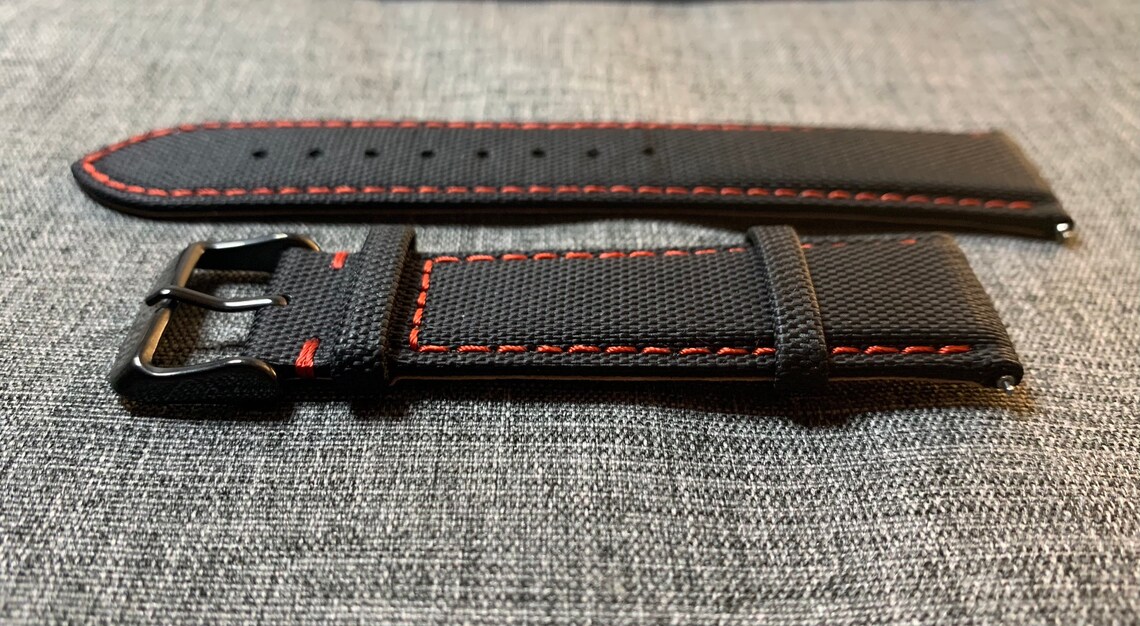 Premium Sailcloth Leather Watch Strap / Black Red Stitching Etsy