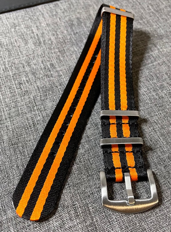 Premium Nylon Belt Watch Strap Black Orange Stripes Stainless 20 22mm