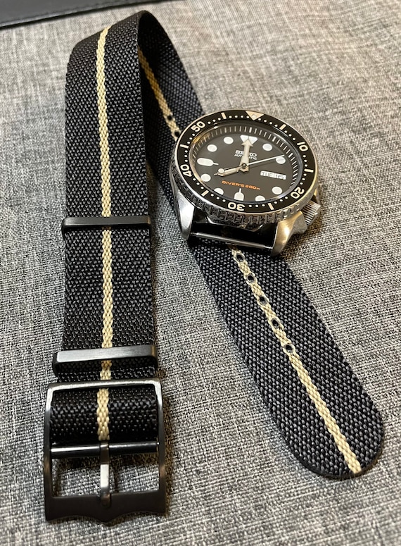 Premium Single Pass Tudor Nylon Watch Strap  / Black-Khaki / PVD Black Steel / New / 20/22mm