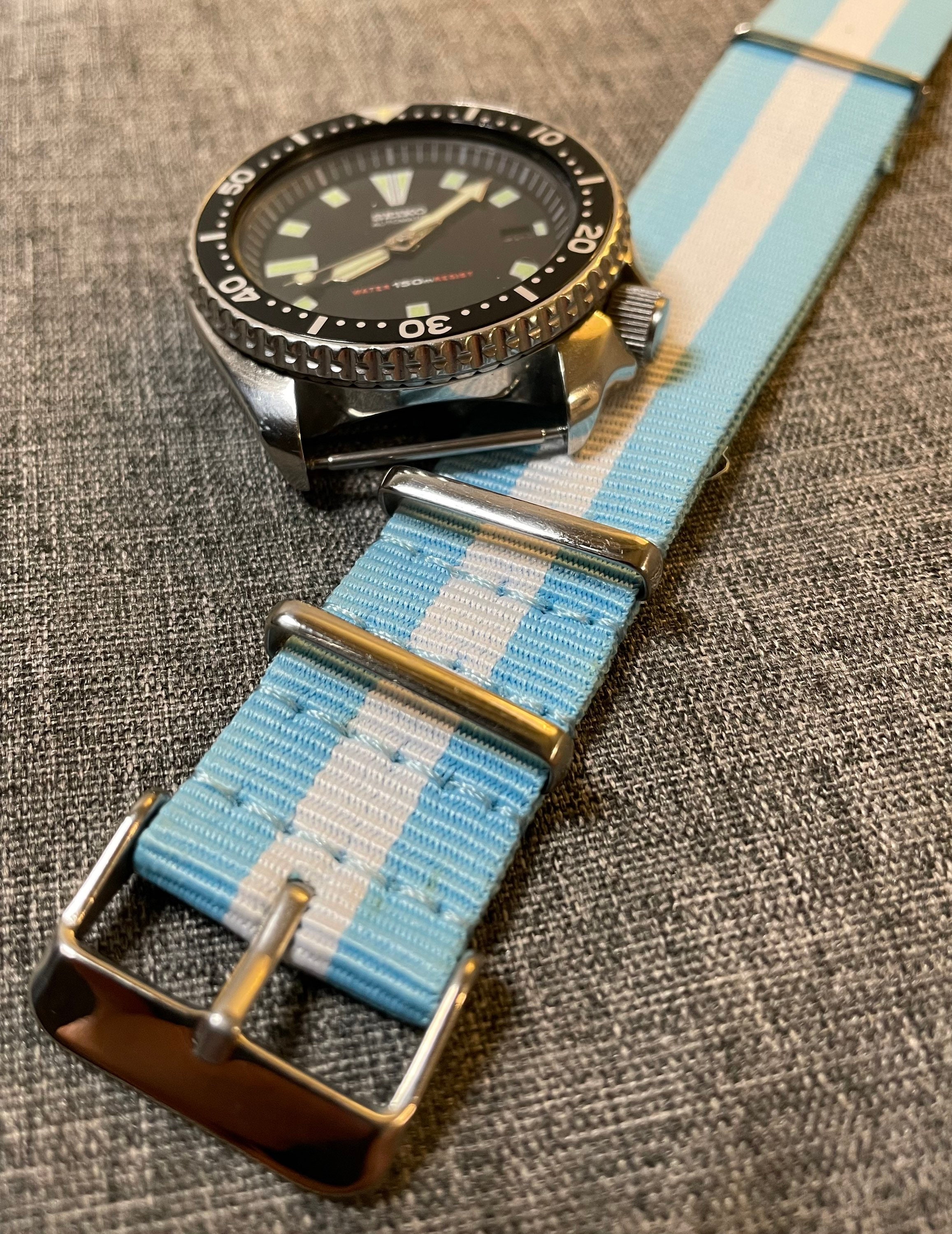 Basic Nylon Military Loop Watch Strap / Sky Blue White Stripe 20mm/22mm ...