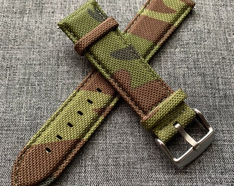 Correa de reloj de camuflaje de cuero de tela de vela militar / Liberación rápida / Acero inoxidable 316 / Nuevo 20mm / 22mm