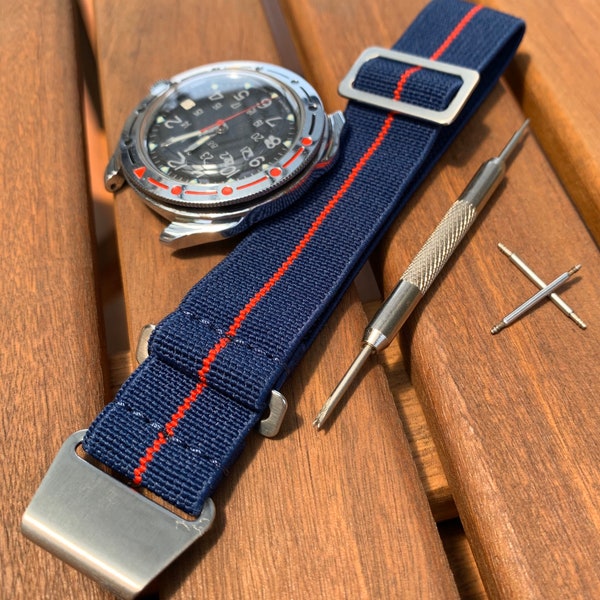 French Marine Nationale Nylon Watch Strap / Navy Blue - Red Stripe / Stainless Steel / New 20/22mm