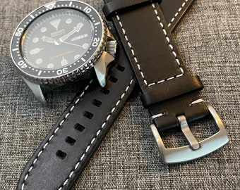 Premium tanned stitched leather watch strap / Matte Black / Stainless /20/22mm