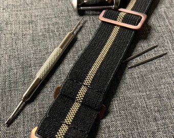 Bracelet de montre en nylon de la Marine nationale française MN Noir/Tissage sable Bronze avec kit d'outils/goupilles Nouveau - 20/22 mm