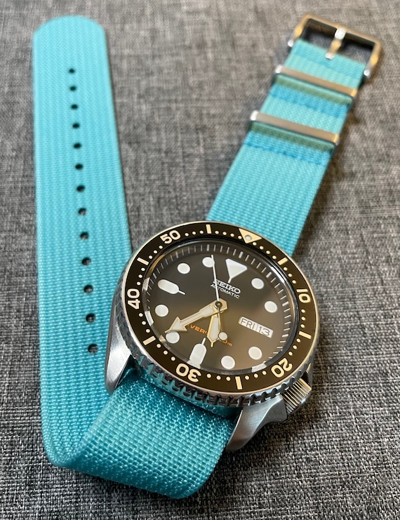 Premium Military Nylon Watch Strap / Light Blue / Webbed Weave / Brushed Stainless Steel 20/22mm
