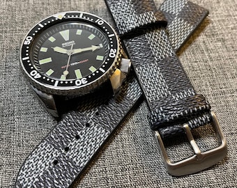 Correa de reloj deportivo de silicona / Diseño de ajedrez vintage / Gris negro / Acero inoxidable / 20/22mm