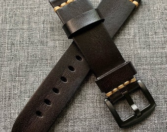 Premium Italian Tanned Leather / vegetable tanned leather watch strap / PVD Black Steel / Black / New 20mm/22mm/24mm
