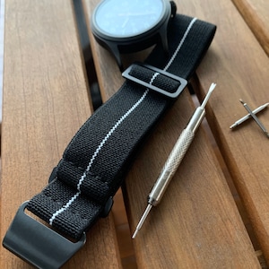 Pulseira de relógio de nylon French Marine Nationale MN / Preto - Listra Branca / Aço PVD / Nova 20mm/22mm