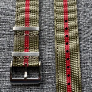 May include: A green and red striped watch strap with a silver buckle.