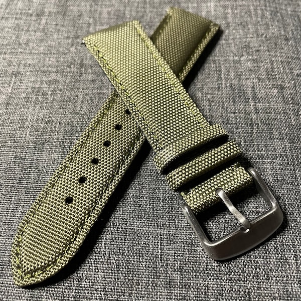 Bracelet de montre cousu en cuir de voile vert militaire / acier 316 à dégagement rapide 18 mm/20 mm/22 mm