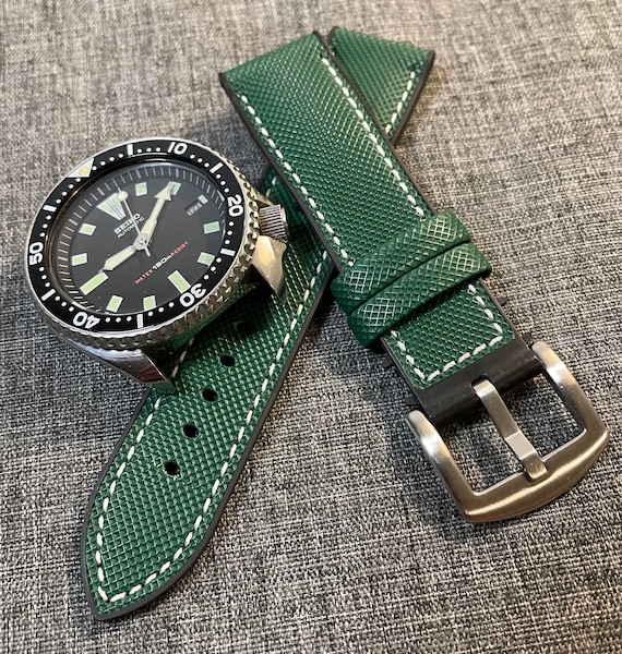 2nd Gen / Sailcloth Rubber Sports Watch Strap / Green White Stitching / Brushed Stainless Buckle - 20/22/24mm