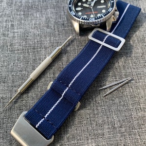 French Marine Nationale MN Nylon Watch Strap / Navy Blue - White Stripe / Stainless Steel / New 20mm / 22mm