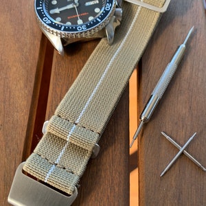 French Marine Nationale MN Nylon Watch Strap / Khaki - White Stripe / Stainless Steel & PVD Steel / New 18mm/20mm/22mm