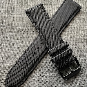 Premium Sailcloth Leather Stitched Watch Strap / Black / Quick Release / PVD Steel / New 18/20/22mm