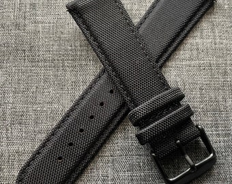 Premium Sailcloth Leather Stitched Watch Strap / Black / Quick Release / PVD Steel / New 18/20/22mm