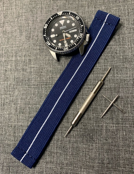 Correa de reloj de banda de nylon elástico / Azul Raya blanca / MUÑECAS  GRANDES / Nuevo 22mm -  México