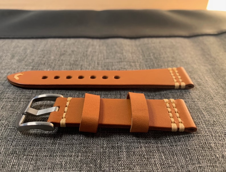 Premium Italian Tanned Leather / Soft vegetable tanned leather watch strap / Deep Orange / Stainless Steel / New 22mm image 3