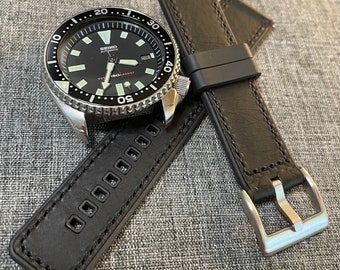 Leather Rubber Hybrid Sports Watch Strap / All Black / 316 Steel 20/22mm