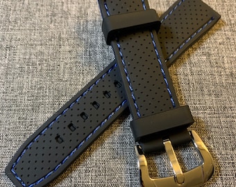 Premium silicone sports watch strap / Black - Blue stitching / Stainless Steel / New 20/22mm