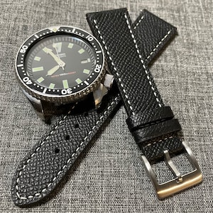トップグレインエプソムレザー / ヴィンテージスタイルウォッチストラップ / マットブラック / 20/22 mm