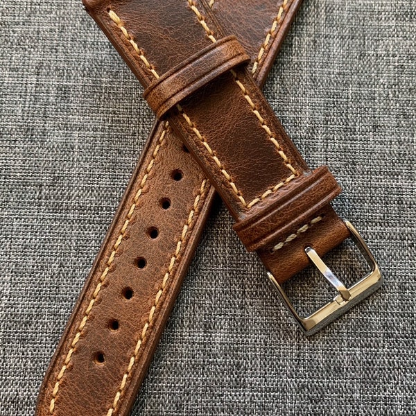 Cuir italien huilé Premium / bracelet de montre en cuir coupe vintage / Marron / Nouveau 20/22/24mm