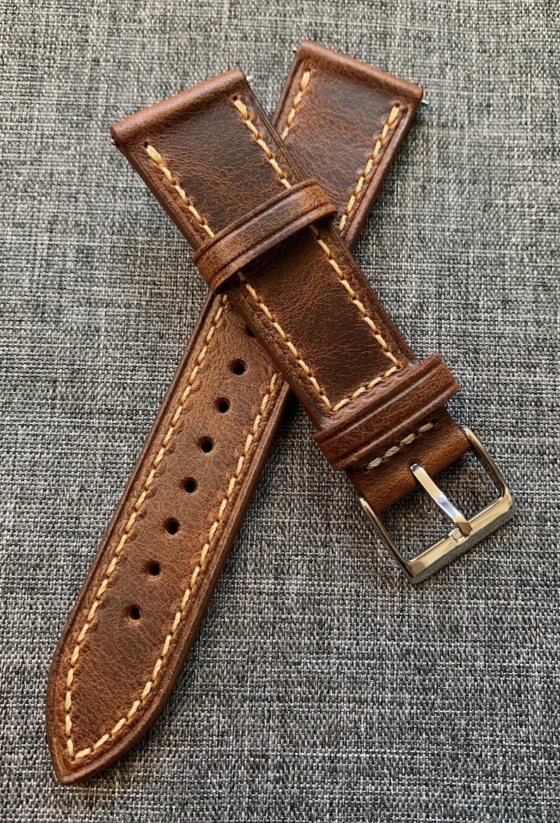 Premium Italian Oiled Leather / Vintage cut leather watch strap / Brown / New 20/22/24mm image 1