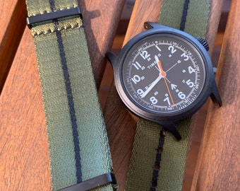 Premium Military Nylon Seatbelt Watch Strap / Military Green-Black Stripe / PVD Black Steel / New 20mm/22mm