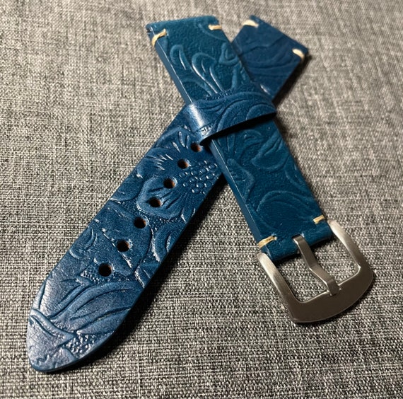 Premium tanned leather / Tropical Floral pattern watch strap / Ocean Blue / 20mm/22mm