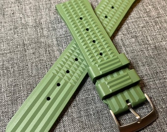 2nd Gen FKM Premium Rubber Waffle Watch Strap / Military Green / Stainless Steel / New 20/22mm Tropical Surf Sport
