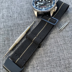 French Marine Nationale Nylon Watch Strap / Black-Khaki Stripe / PVD Black Steel / New 20mm/22mm