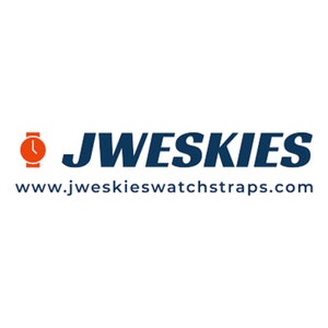 Puede incluir: Un logotipo para una empresa llamada "JWESKIES" que vende correas de reloj. El logotipo es azul y blanco y presenta un peque&ntilde;o icono de reloj naranja. La direcci&oacute;n del sitio web es "www.jweskieswatchstraps.com".