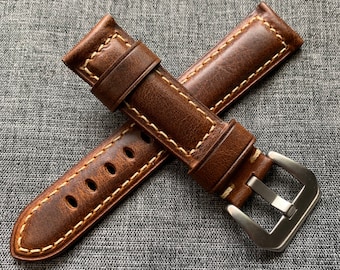 Premium Italian Oiled Leather / Stitched Leather Watch Strap / Light Brown / New 18/19/20/21/22/24mm
