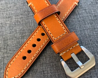 Premium Italian Tanned Leather / Stitched leather watch strap - Burnt Orange / New 18/20/22/24mm