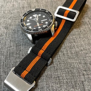 French Marine Nationale MN Nylon Watch Strap / Black thick Orange weave / Stainless Steel / New 20mm/22mm