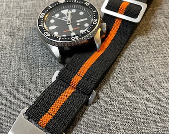 French Marine Nationale MN Nylon Watch Strap / Black thick Orange weave / Stainless Steel / New 20mm/22mm